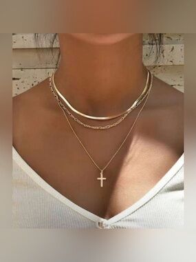 Gold Plated Stainless Steel 3pc Cross Herringbone Necklace Set